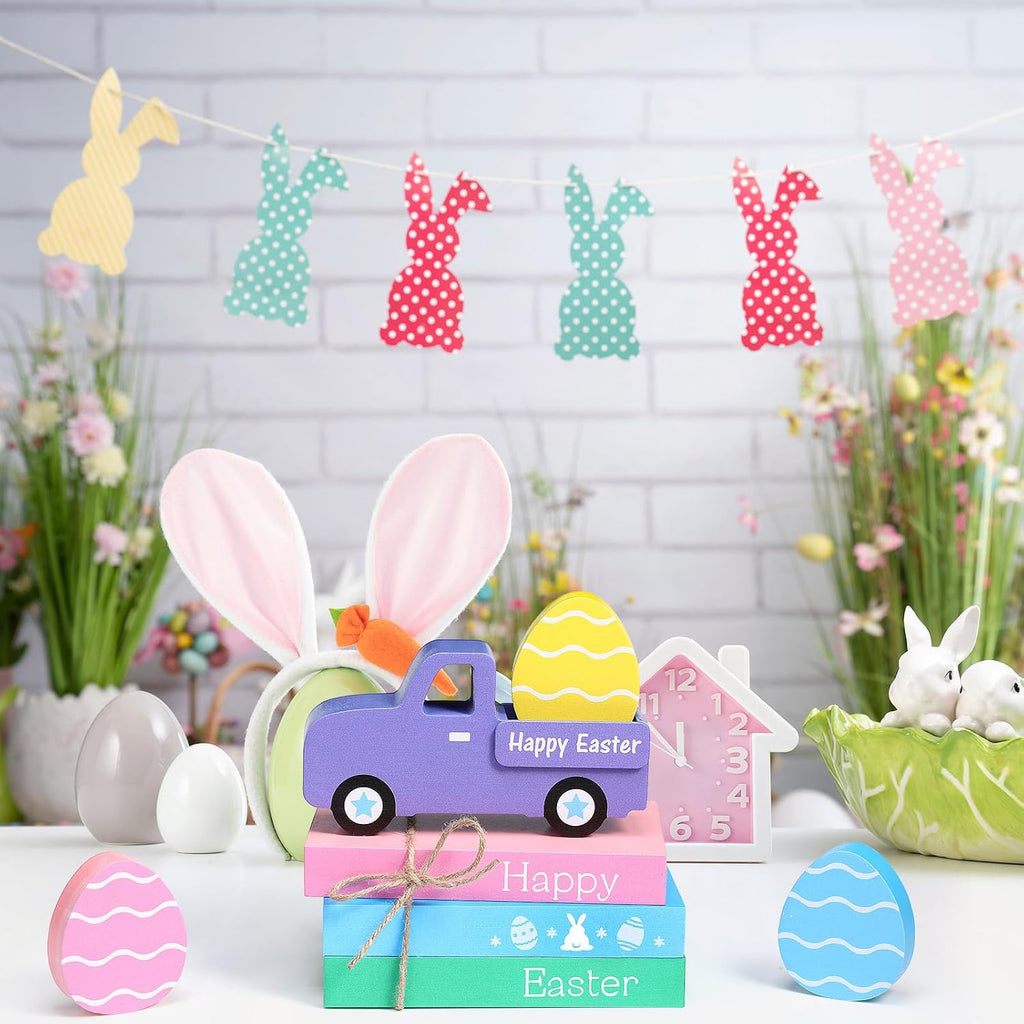 Easter Table Decorations Wooden Truck Easter Eggs Blocks Spring Wood Book Stacks Centerpieces Signs Indoor - Set of 5