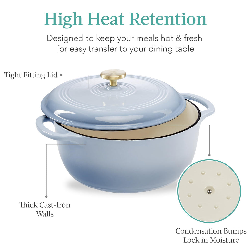 6 Quart Enamel Cast-Iron Round Dutch Oven, Family Style Heavy-Duty Pre-Seasoned Cookware, Oven Safe w/Lid, Dual