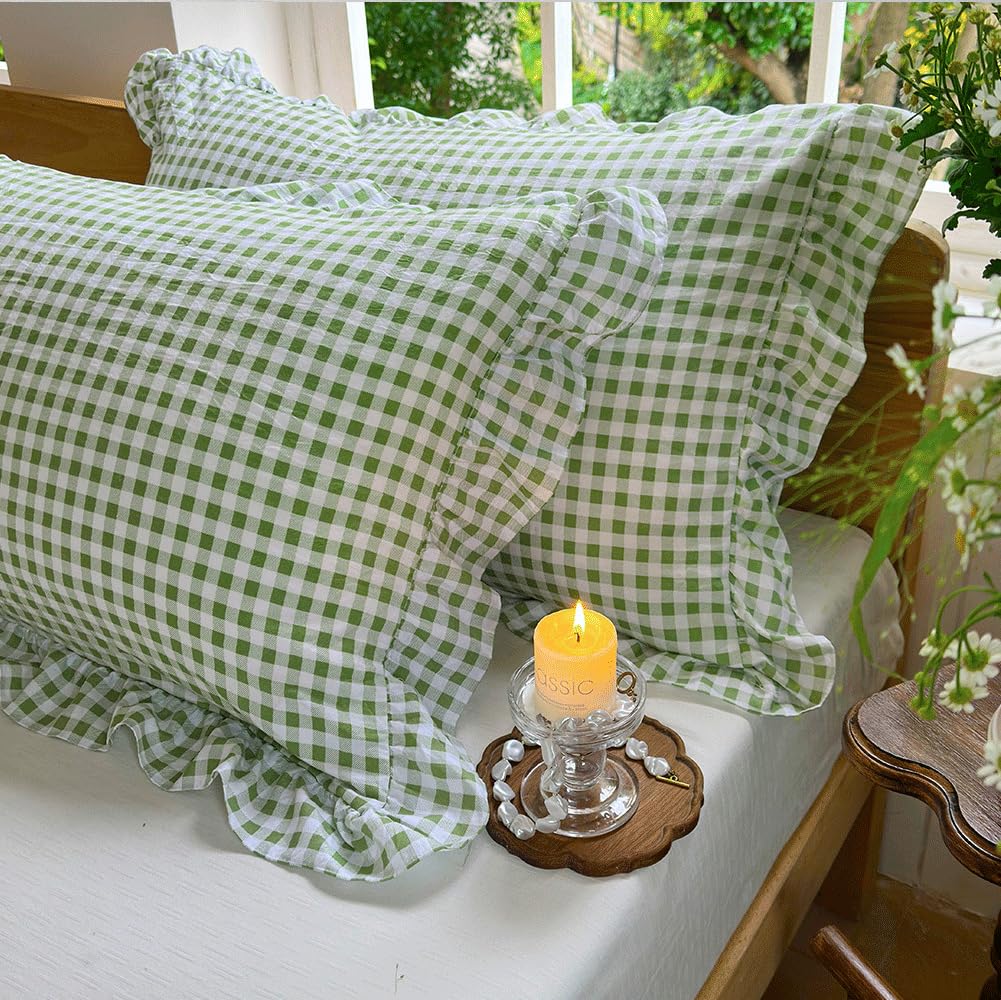 Sage Green Gingham Pillow Shams, 20"x26", Set of 2