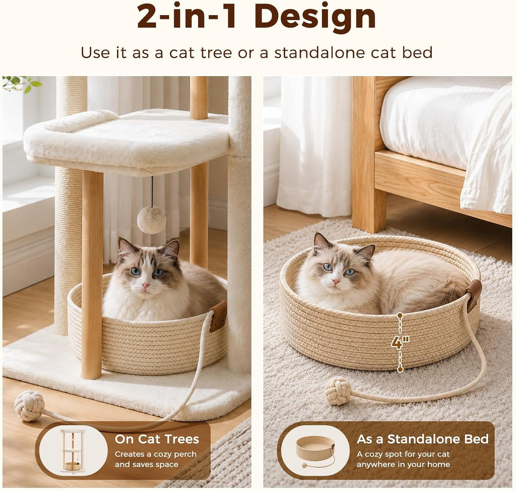 Modern Cat Tree Removable Woven Bed, Wood Cat Tower for Indoor Cat