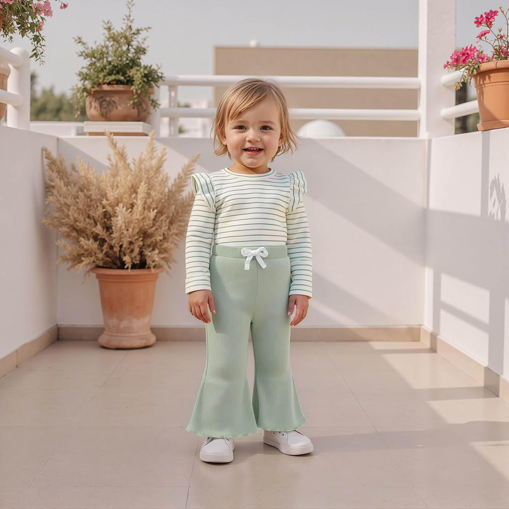 Toddler Baby Girl Outfits Ruffle Long Sleeve Striped Trim Tops + Flare Pants Set Toddler 2Pcs Fall Winter Clothes