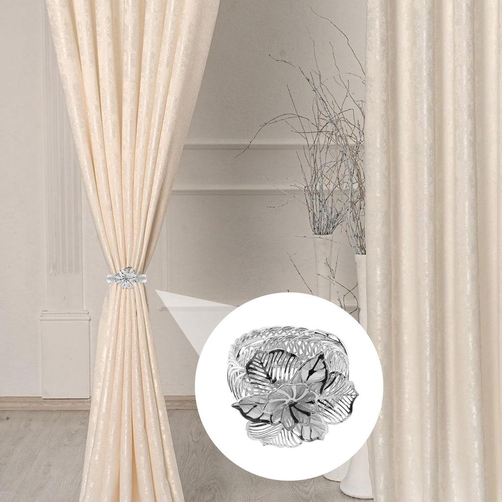 Silver Flower Curtain Tiebacks, No-Drill Spring-Loaded, 2Pcs