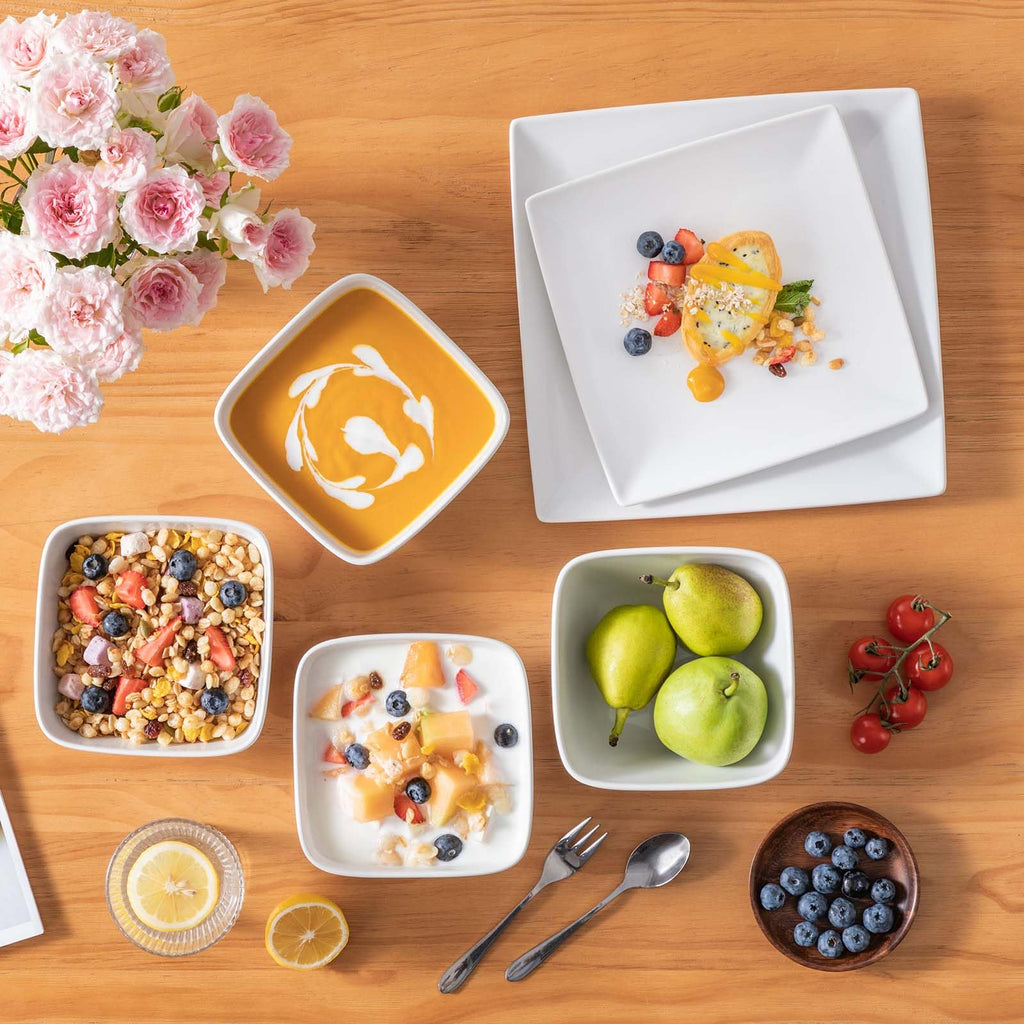 Soho Dinnerware Sets 12 Pieces, White Stoneware Square Place Setting, Dinner Plate, Dessert Plate, Bowls Service for 4