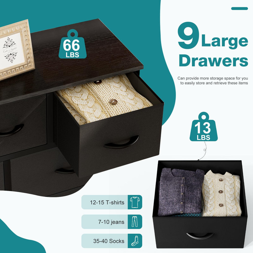 9 Drawer Black Dresser, Closet Organizer Storage Tower