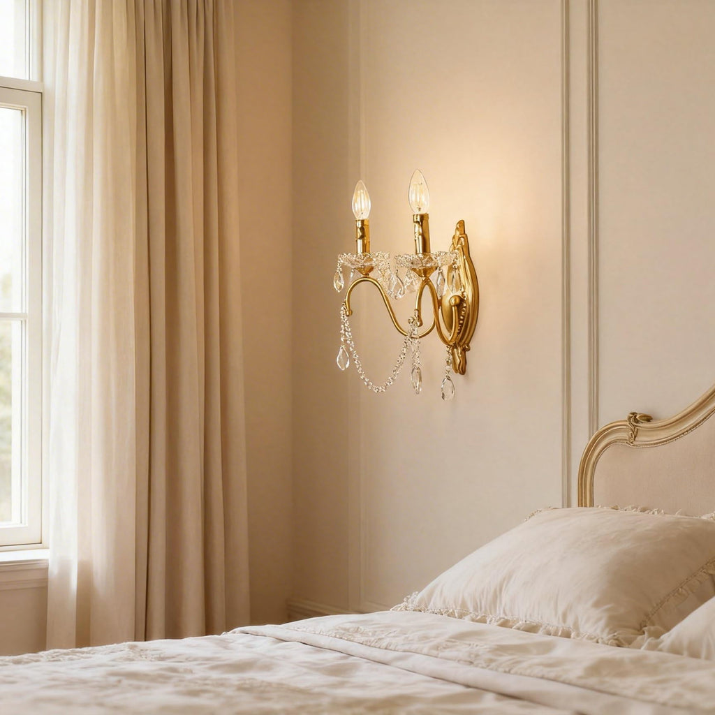 French Vintage Crystal Wall Sconce, Victorian 2-Light Gold Iron Finish, E12 Traditional Candle Style Wall Lamp Vanity