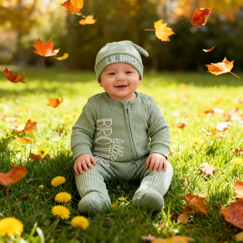 Newborn Baby Boy Outfits Zippered Romper Letter Embroidered Coming Home Jumpsuit with Hat Mittens