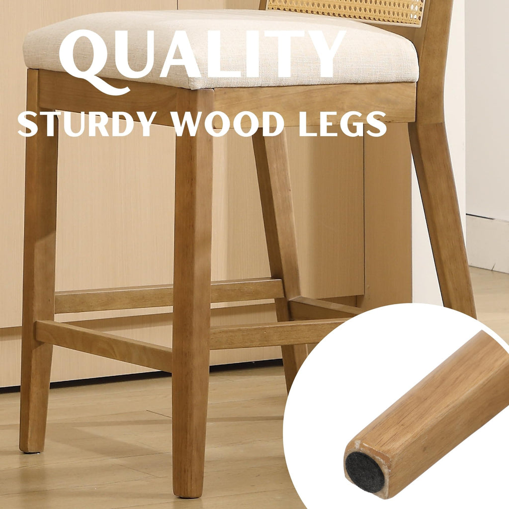 26.5" Rattan Bar Stools Set of 2 Modern Linen Fabric Upholstered Counter Height Bar Stools, Kitchen Island Barstools