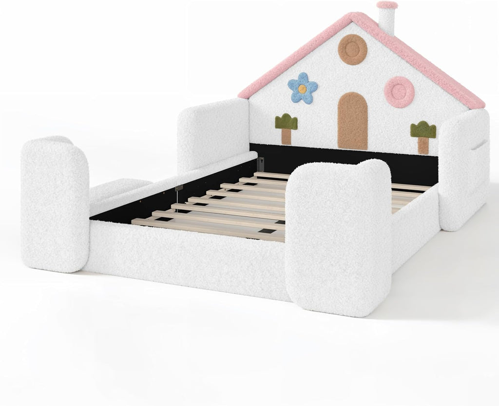 Upholstered Floor Bed Frame with Side Pocket & Stairs, White Pink
