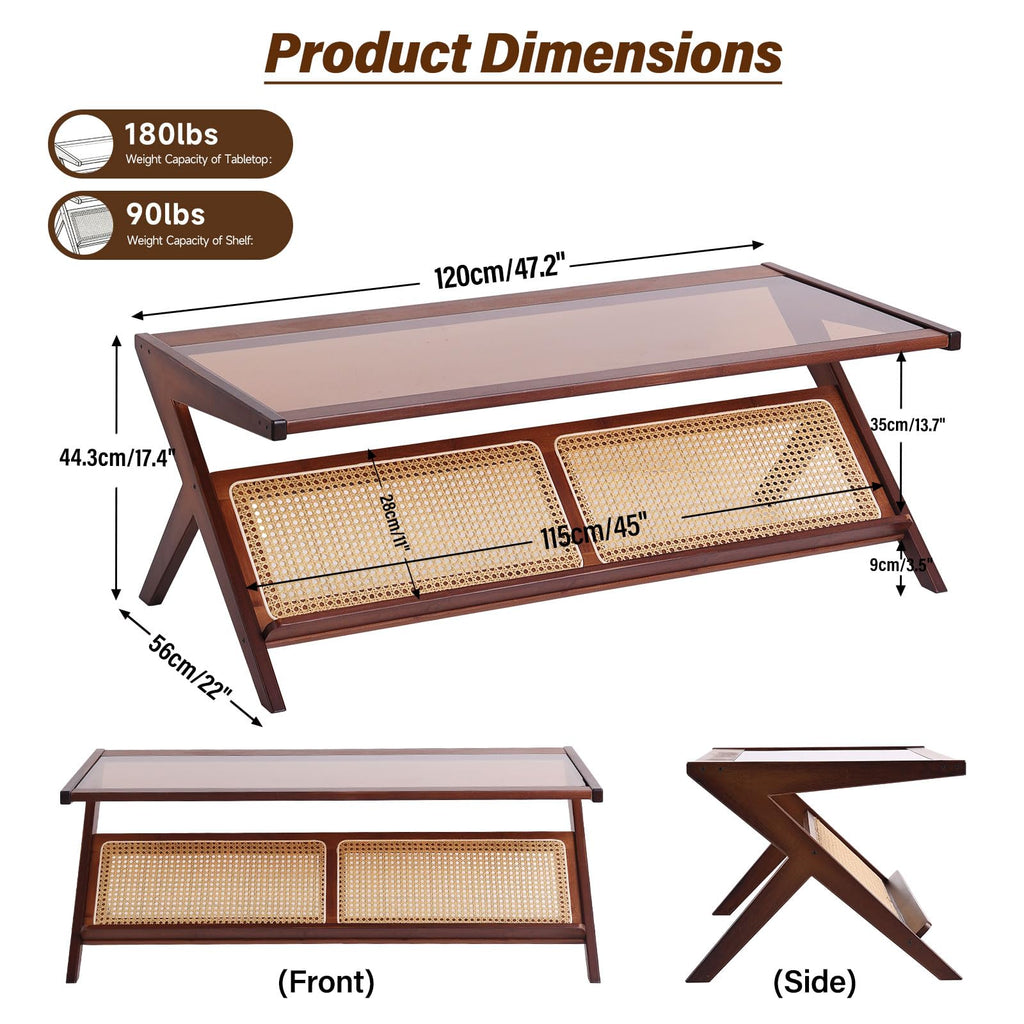 Brown Rattan Coffee Table, Bamboo Glass Top Table with Storage