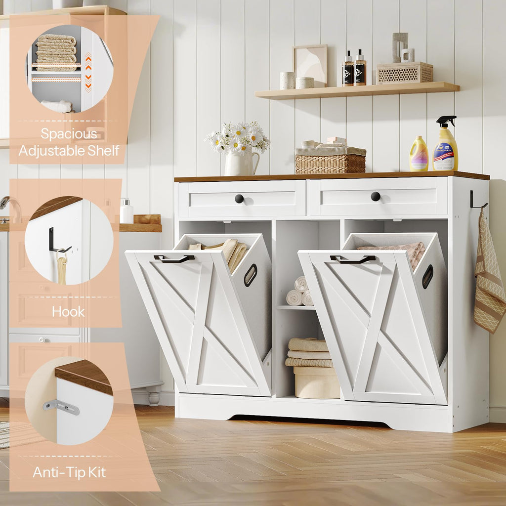 Double Tilt Out Laundry Hamper Cabinet, 23 Gallon Farmhouse Trash Can Cabinet with 2 Drawers and Open Shelving