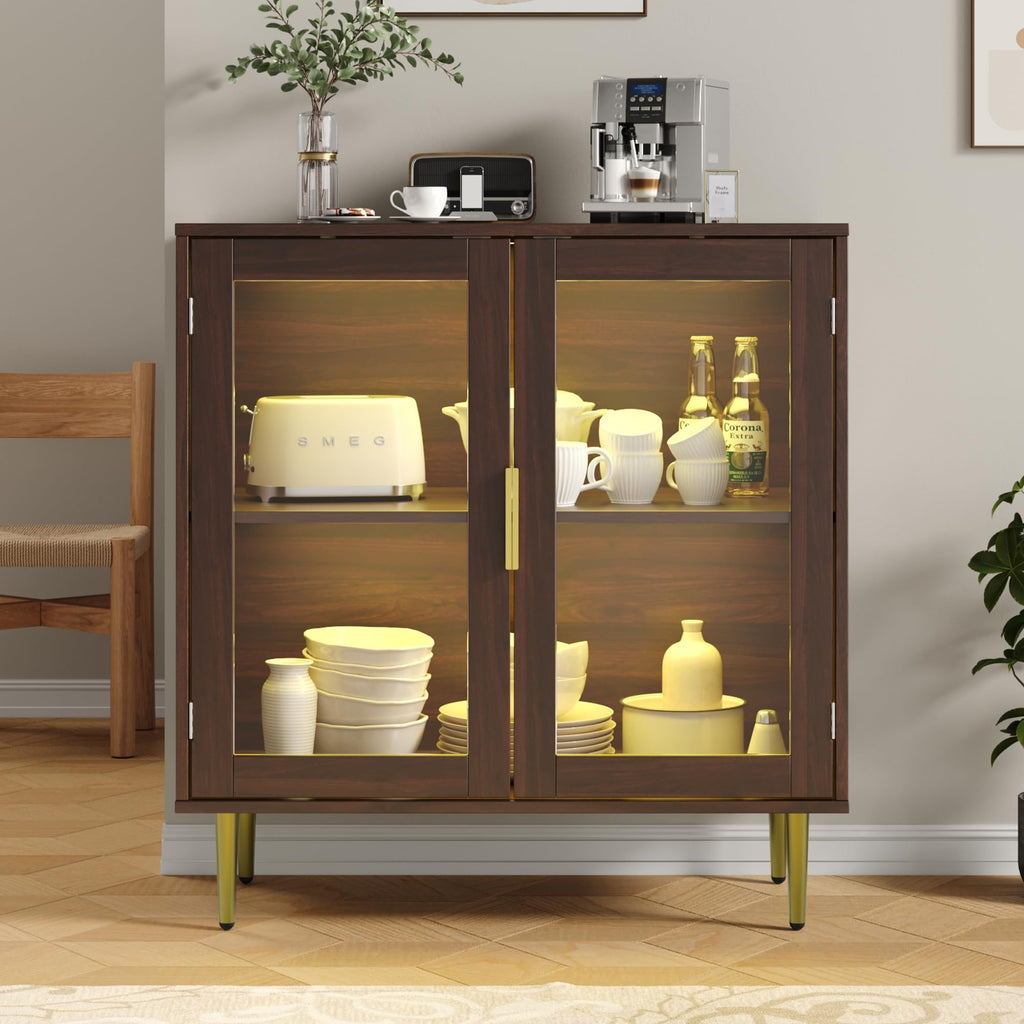 Buffet Cabinet Set of 2, Sideboard Cabinet with LED Lights, Walnut
