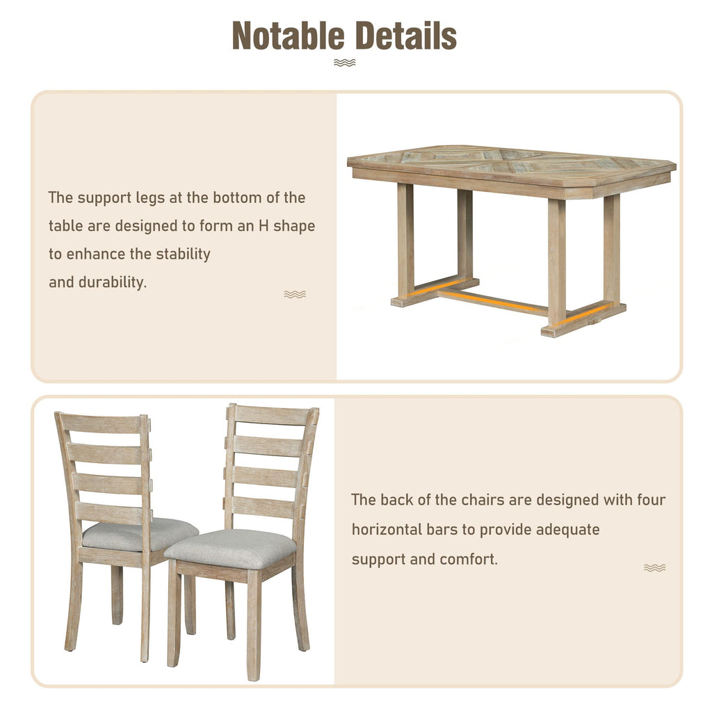 6-Piece Rubber Wood Dining Table Set with 4 Cushioned Chairs and Bench, Beautiful Wooden Grain Pattern Tabletop