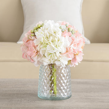 Hydrangeas Floral Arrangement in Glass Vase; Fake Pink