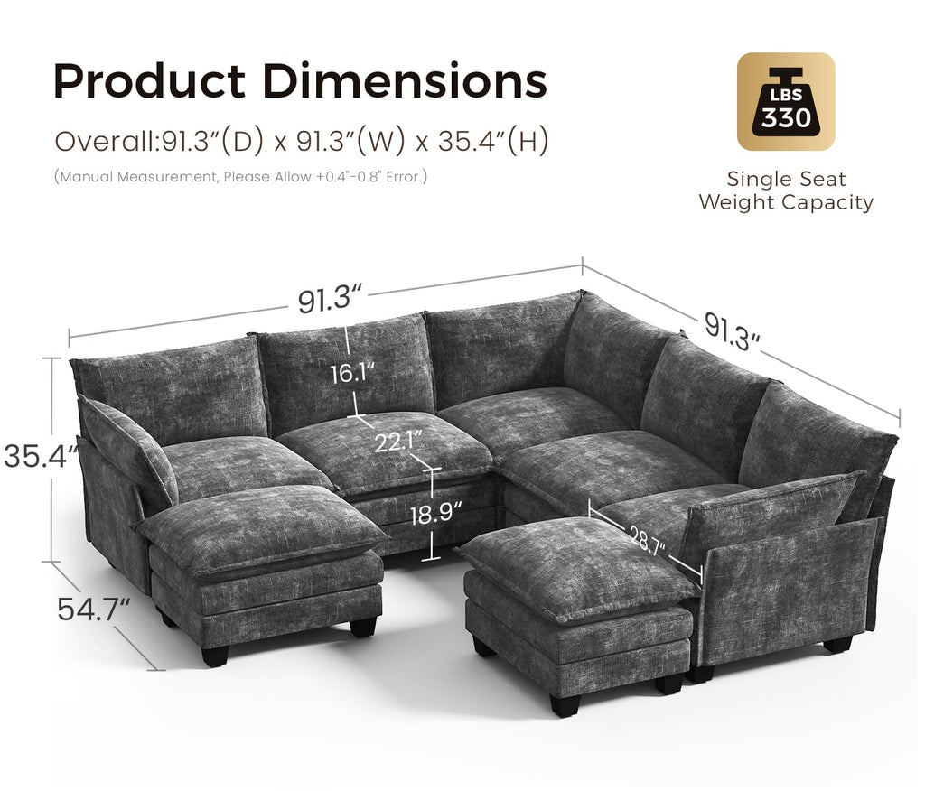 120" Modular Sectional Sofa, Large V Shape 7 Seater Convertible J/L/U-Shaped Modern Sectional Couch with Ottoman