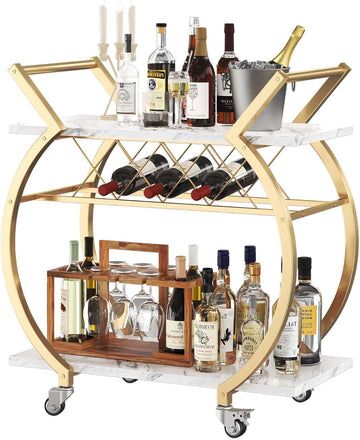 Gold Bar Cart with Wheels, Modern White Marble Home Bar Serving Cart | Drink Cart with Wine Rack, Metal Wooden