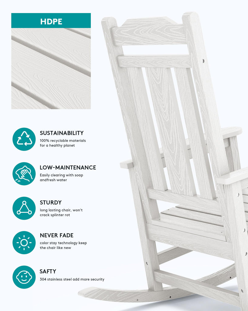 HDPE Oversized Outdoor Rocking Chairs Set of 2, Patio Rocker, White