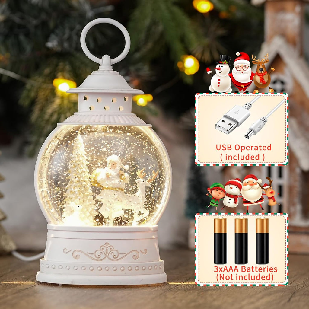 Christmas Snow Globes with Music, Santa Deer Lighted Christmas Lantern with 6h Timer, USB or Battery Operated