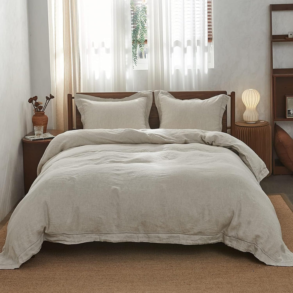 100% French Flax Linen Duvet Cover Set with Embroidery Washed - 3 Pieces (1 Duvet Cover with 2 Pillow Shams) with