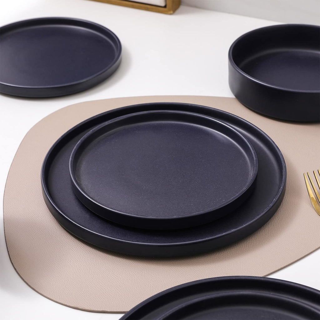 Lain Cleo Modern Stoneware 16-Piece Dinnerware Set, Plates and Bowls Set, Dish Set Service For 4, Dark Blue