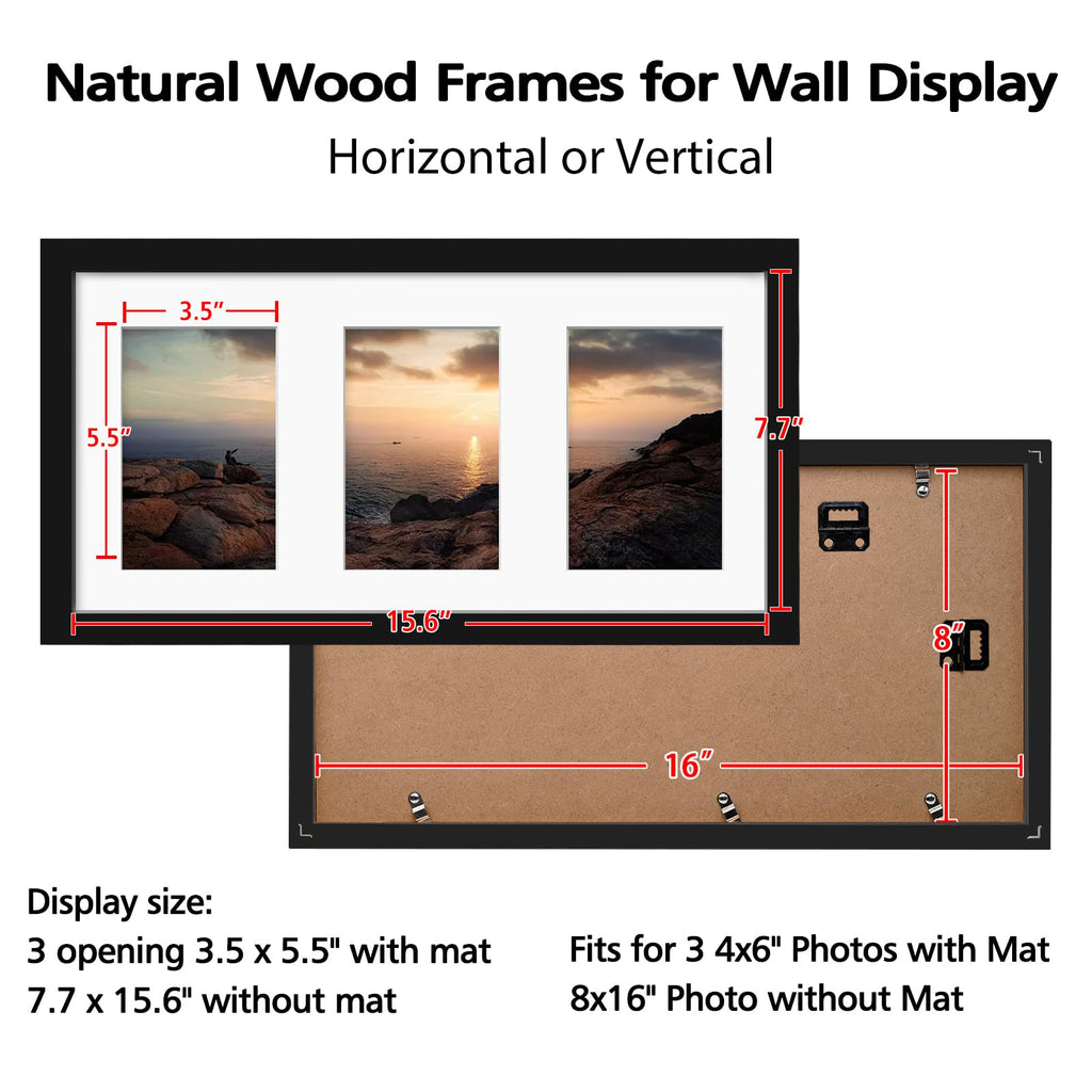 8x16 Panoramic Collage Picture Frame, Black Solid Wood Frame with HD Plexiglass for Multiple Three 4x6 Photos with