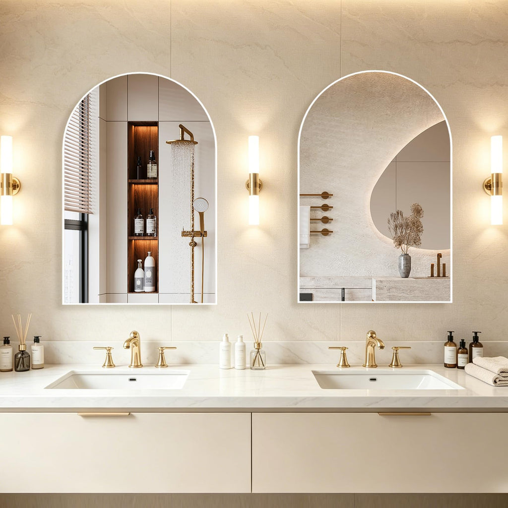 Wall Mounted Mirror, Arched Wall Mirror, 20"x30" Arch Bathroom Mirror with Metal Frame, 2 Pieces White Vanity Mirror