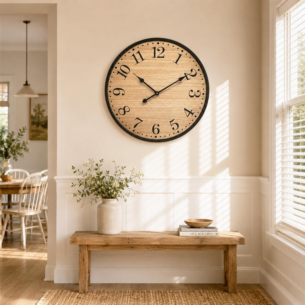 30 Inch Rustic Farmhouse Wall Clock, Large Silent Wooden Wall Clock with Natural Wood Grain Face & Black Metal Frame