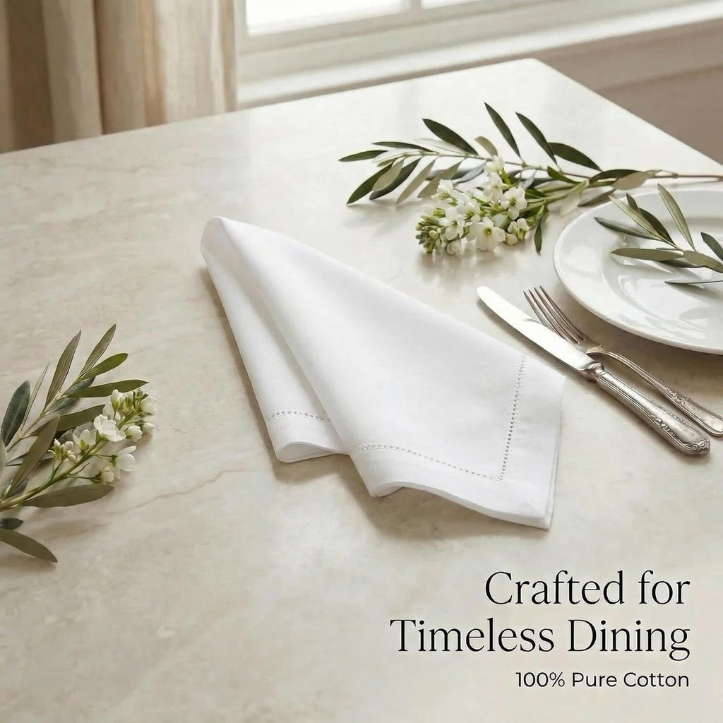 Cloth Napkins White Hemstitch Dinner Napkins Set of 12 (20X20) 100% Cotton Absorbent Washable Durable Reusable Ideal