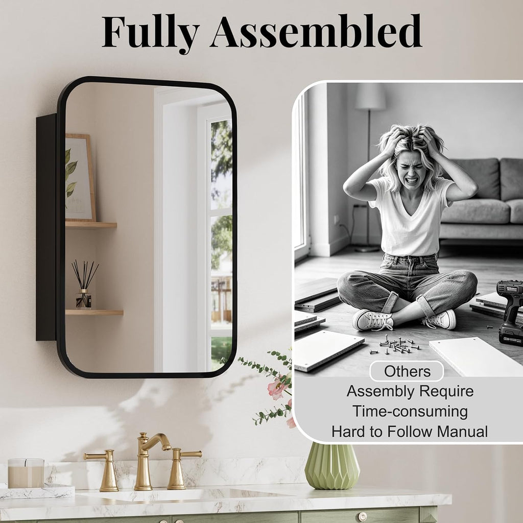 16x24 Inch Medicine Cabinet with Mirror, Rounded Corner, Black | Fully Assembled, Recessed or Surface Mount Metal