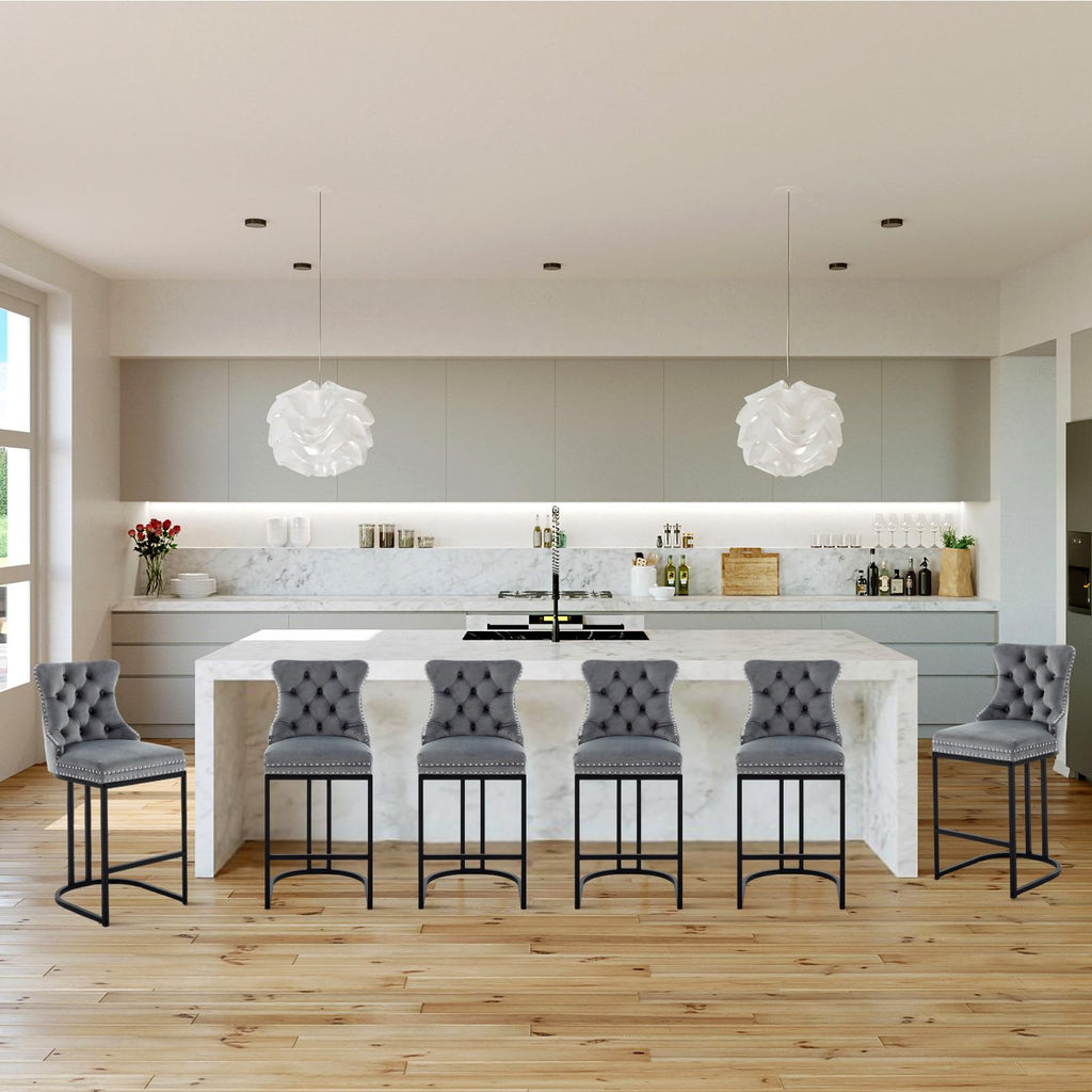 Counter Height Bar Stools Set of 2, 26" Modern Barstools with Back, Velvet Upholstery Counter Chairs with Metal Legs