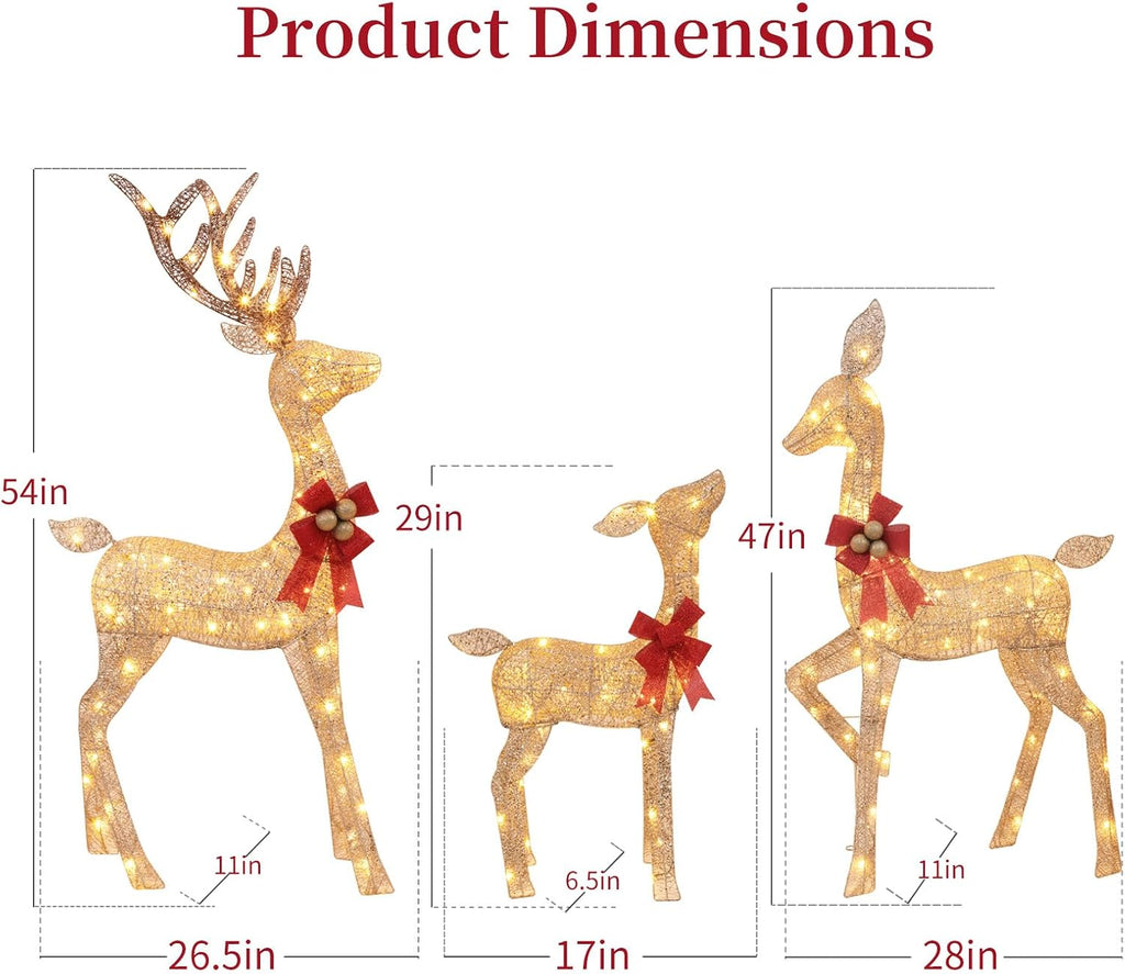 3-Piece Lighted Christmas Deer Family - 4.5ft 3D Pre-Lit Reindeer Outdoor Decorations with 210 LED Lights