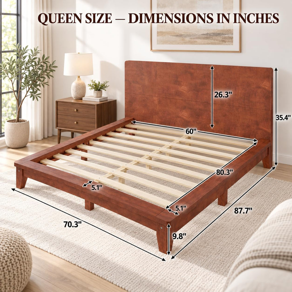 Japanese Wooden Bed Frame with Brown Headboard