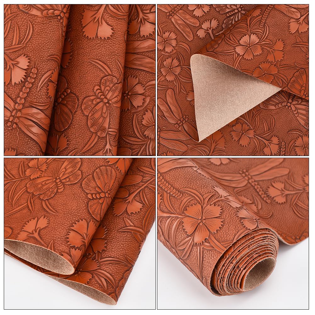 Vintage Floral Pattern Embossed PU Leather Sheet 54×11.9 Inch Textured Solid Color Butterflies Fabric Sheets for DIY