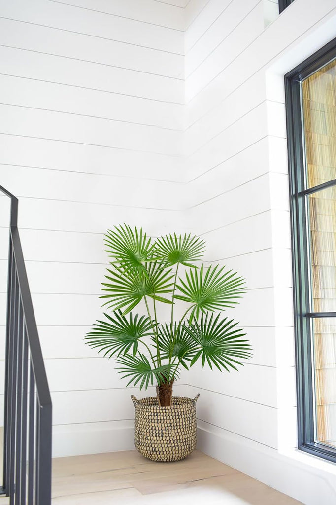 Artificial Plant Fake Fan Palm Tree Faux Tropical Palm Plant in Pot Indoor Office Living Room Bedroom Decoration 3ft
