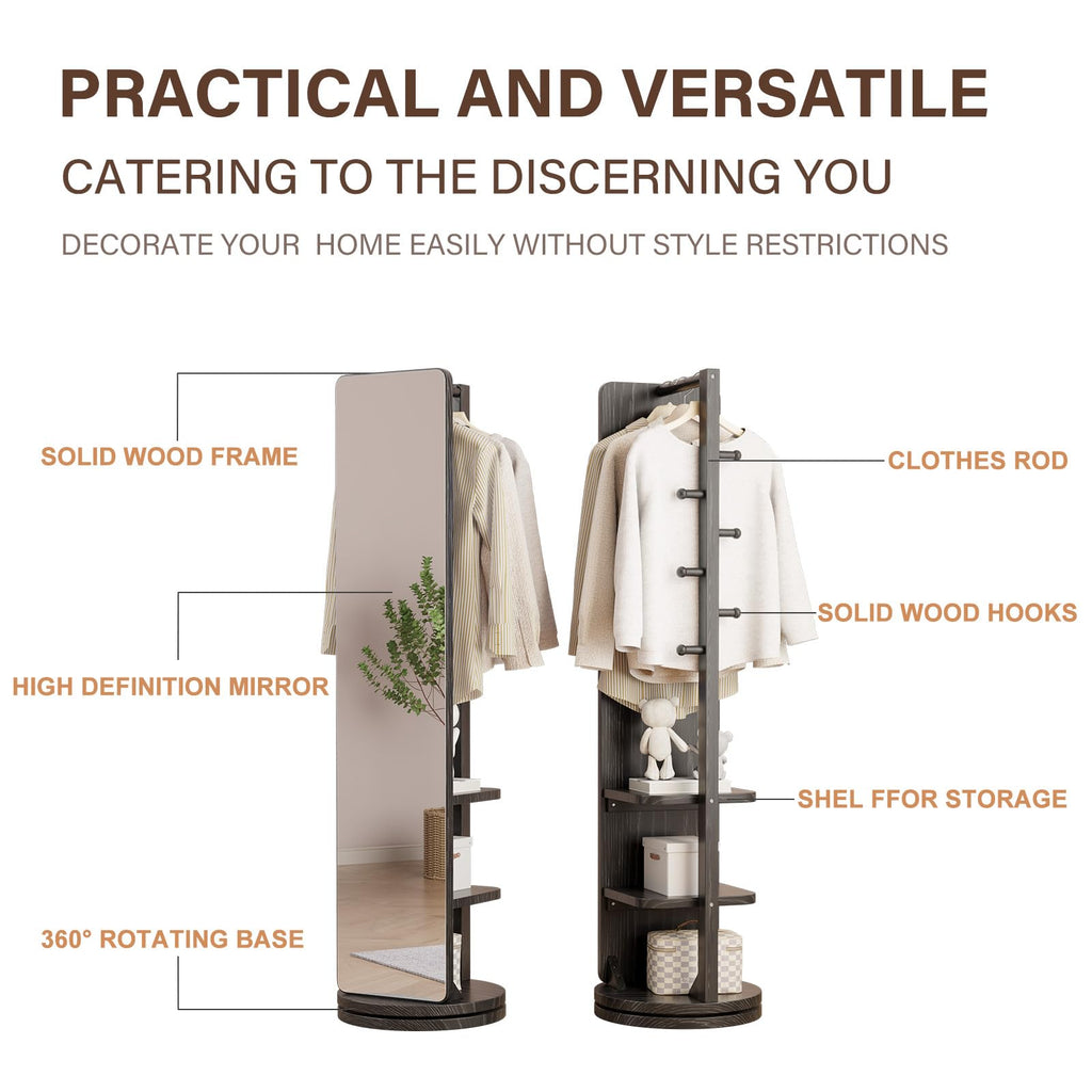 Full Length Mirror Coat Rack Solid Wood Floor Mirror 66"x12" Full Length Mirror with Stand Long Mirrors (Black, 66"