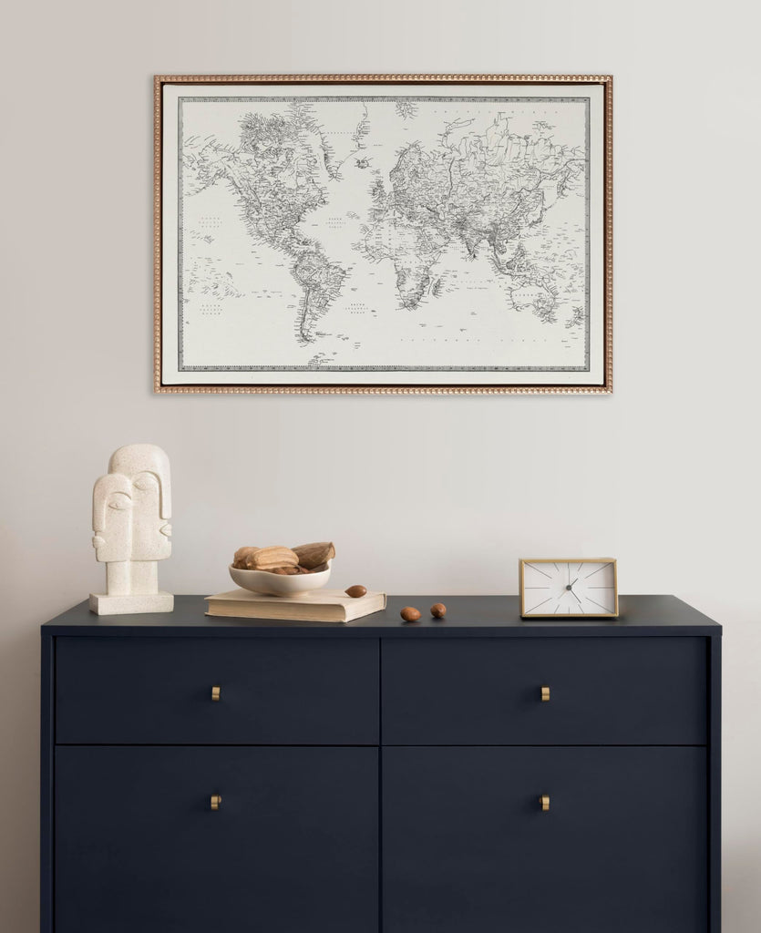 Sylvie Beaded Vintage Black and White World Map Vintage Framed Canvas Wall Art by The Creative Bunch Studio, 23x33