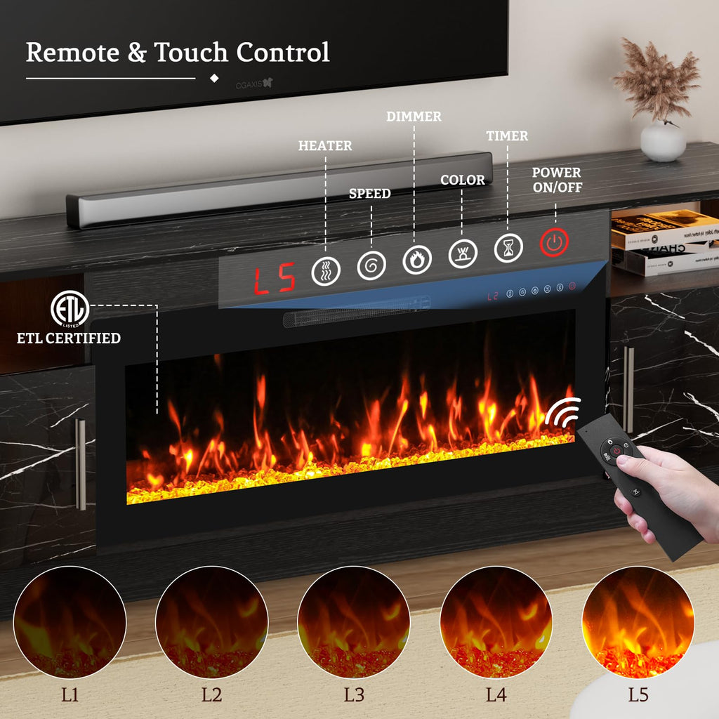 Fireplace TV Stand for 65-80 inch TV, Large Entertainment Center with Fireplace & LED Lights, High Gloss Living Room