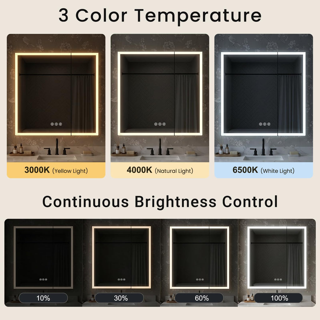 30x32 Two Doors Black Led Medicine Cabinet Mirror