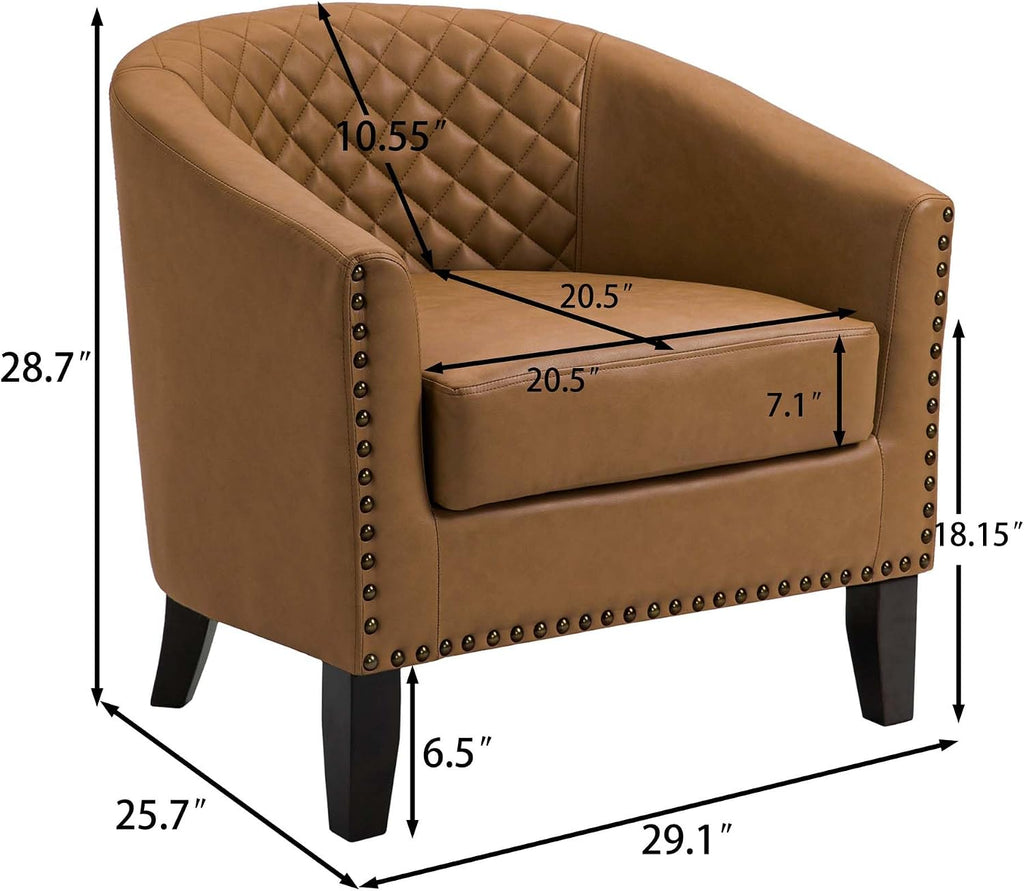 Faux Leather Barrel Accent Chair with Nailhead, Light Browm - Set of 2