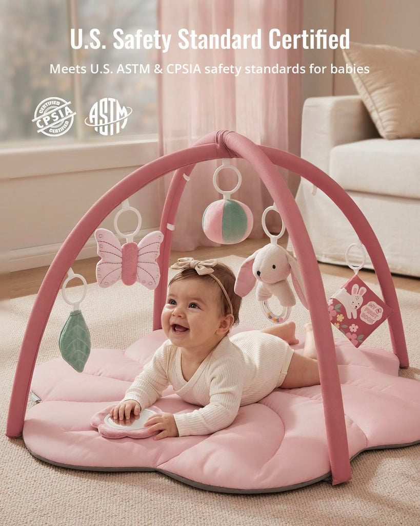 Play Gym Mat, Tummy Time with 6 Detachable Toys for Sensory & Motor Skill Development, Baby Activity Mat for Girl Boy