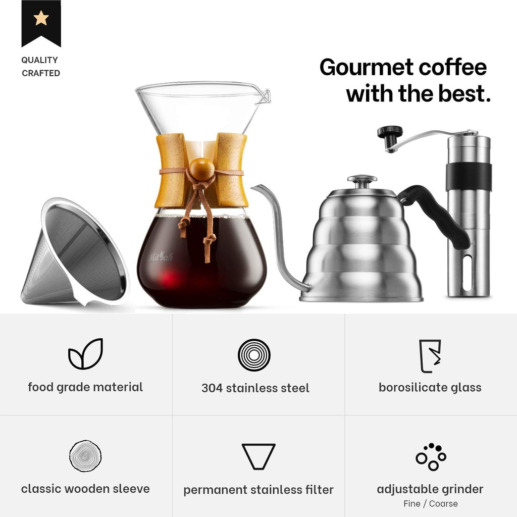 Pour Over Coffee Maker Set | Kit Includes 40 OZ Gooseneck Kettle with Thermometer, Coffee Mill Grinder & 20 OZ Coffee