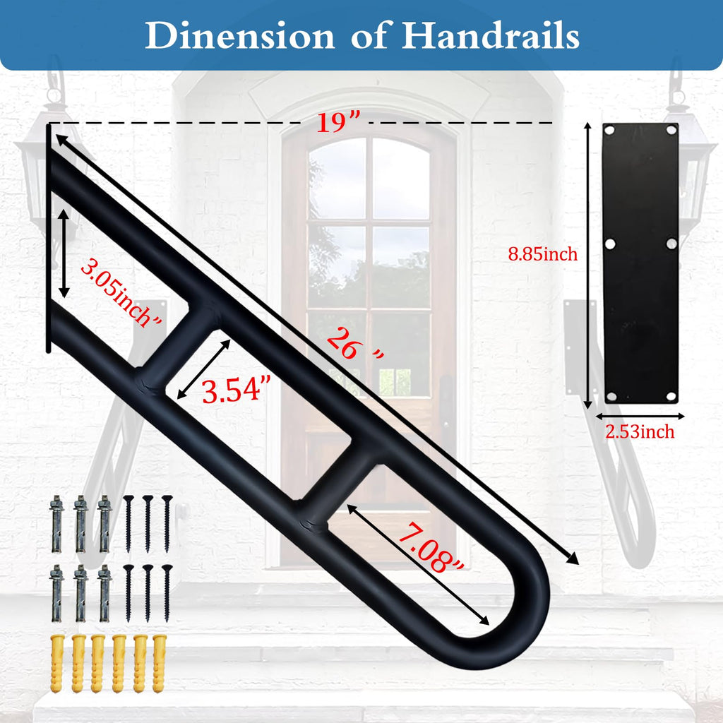 2 Pks U-Shaped Hand Railings for Steps, One Solid Piece Design, Heavy Duty Non-Slip Stair Handrails for 1-2