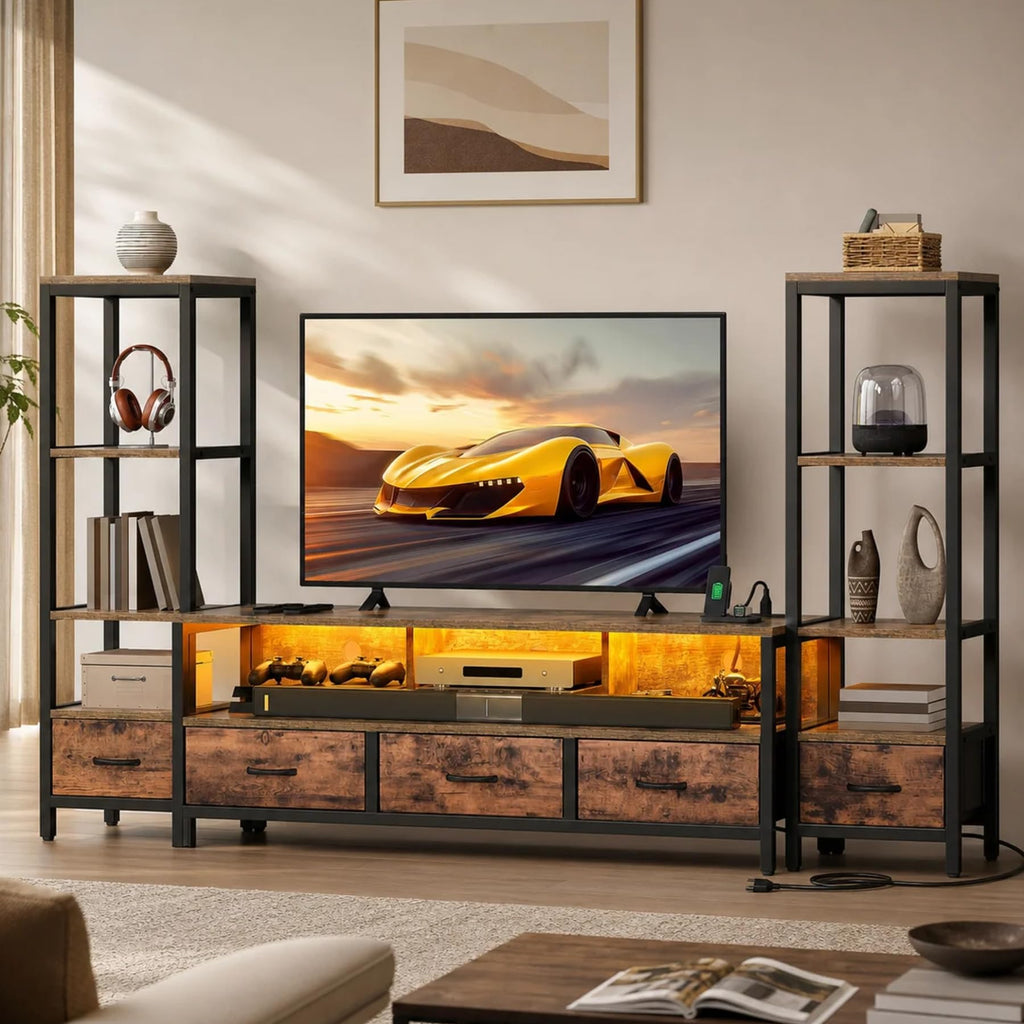 Industrial LED TV Stand for 65 Inch TVs, Bookshelves, Rustic Brown
