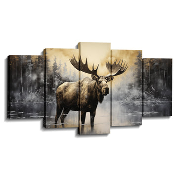 Large Moose Wall Art 5 Piece Wildlife Canvas Pictures Prints Rustic Forest Wilderness Animal Painting Moose Art Cabin