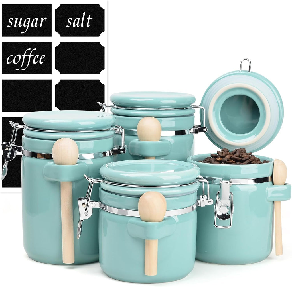 Airtight Ceramic Canister Set With Attached Wooden Spoon Reusable Chalk Labels For Dry Goods Sugar Coffee Tea - Set of 4