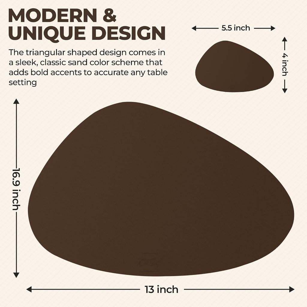 Faux Leather Placemats and Coasters Round Modern Brown Table Mats for Dining - Heat Resistant, Waterproof - Set of 4