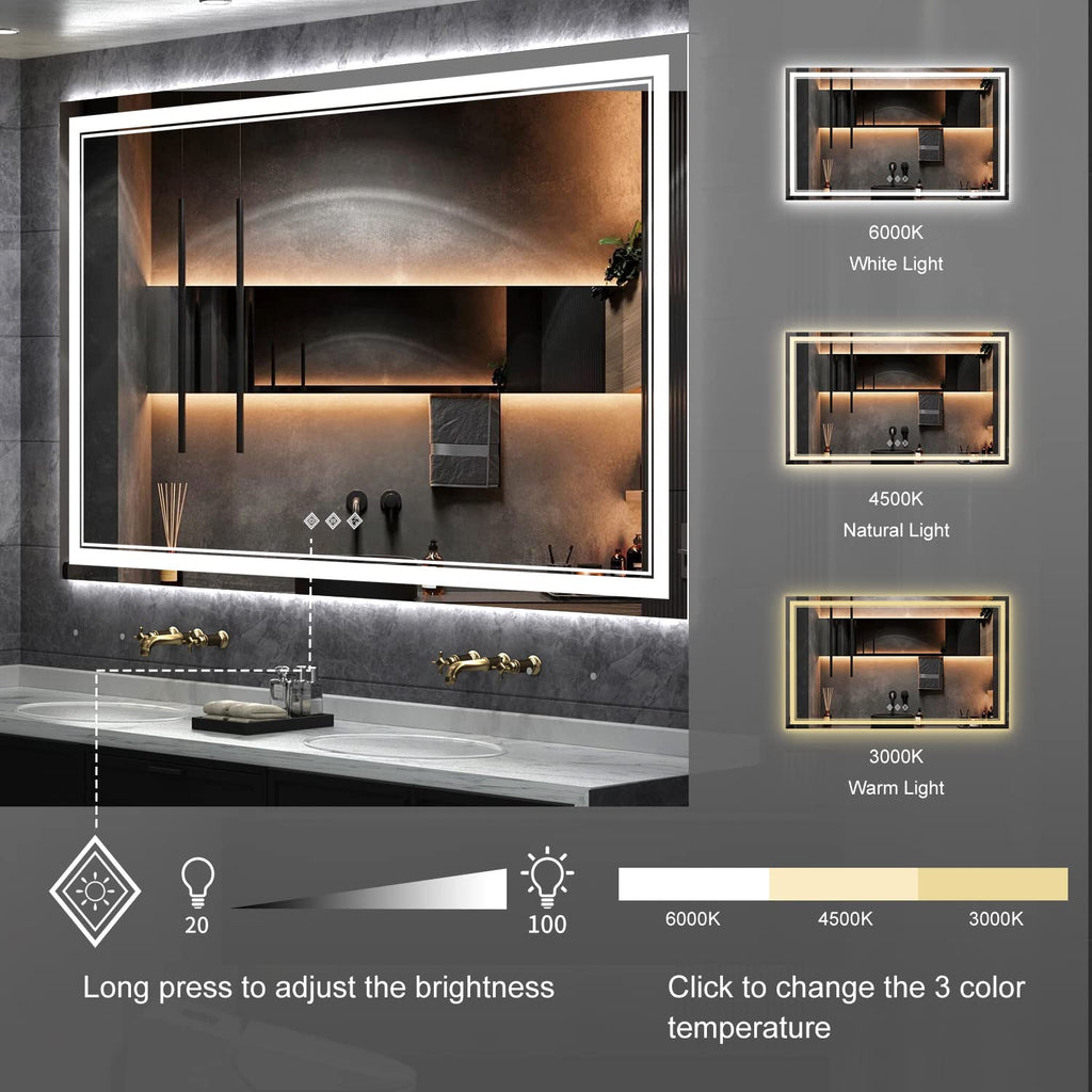 Lighted Vanity Mirror, 60x36 Inch Gradient Front and Backlit LED Mirror, 3 Colors Dimmable CRI>90 Double Lights