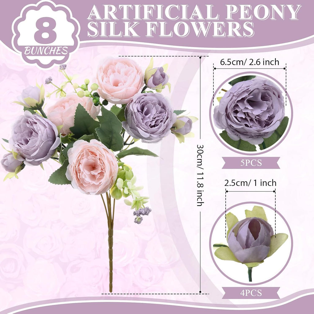 Bundles Artificial Peony Centerpiece Flowers,Pink, Purple - Set of 8