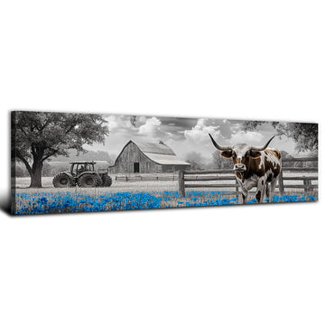 Highland Cow Wall Art Country Barn Truck Pictures Western Wall Decor Meadow Scenery Canvas Painting Black and White