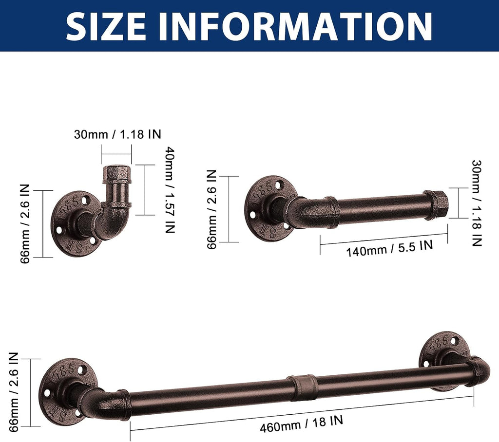 5-Pieces Industrial Pipe Bathroom Hardware Set, Include Towel Bar, Toilet Paper Holder and 3 Robe Hooks, Heavy Duty