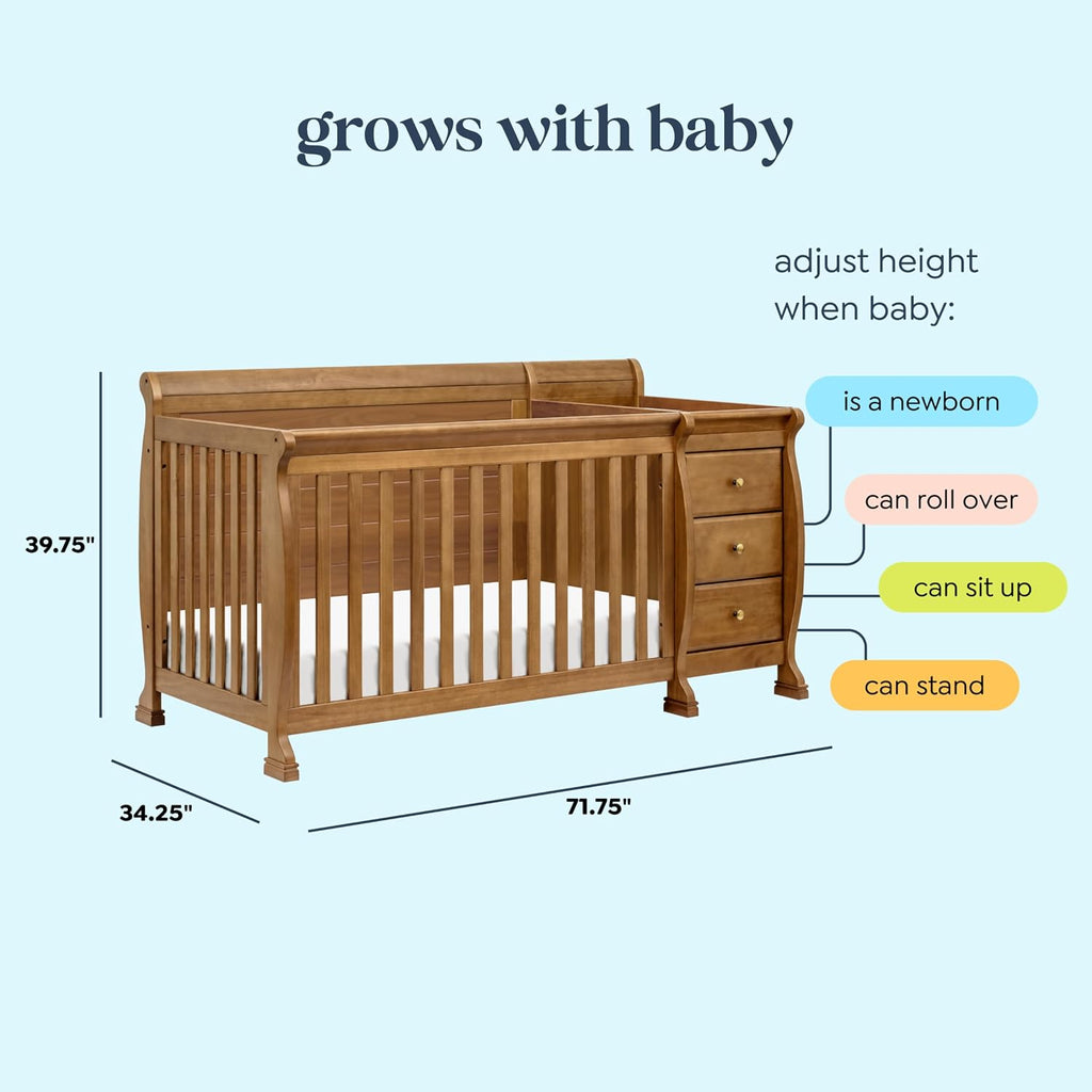 Kalani 4-in-1 Convertible Crib and Changer Combo in Chestnut | GREENGUARD Gold Certified, Converts to Toddler Bed